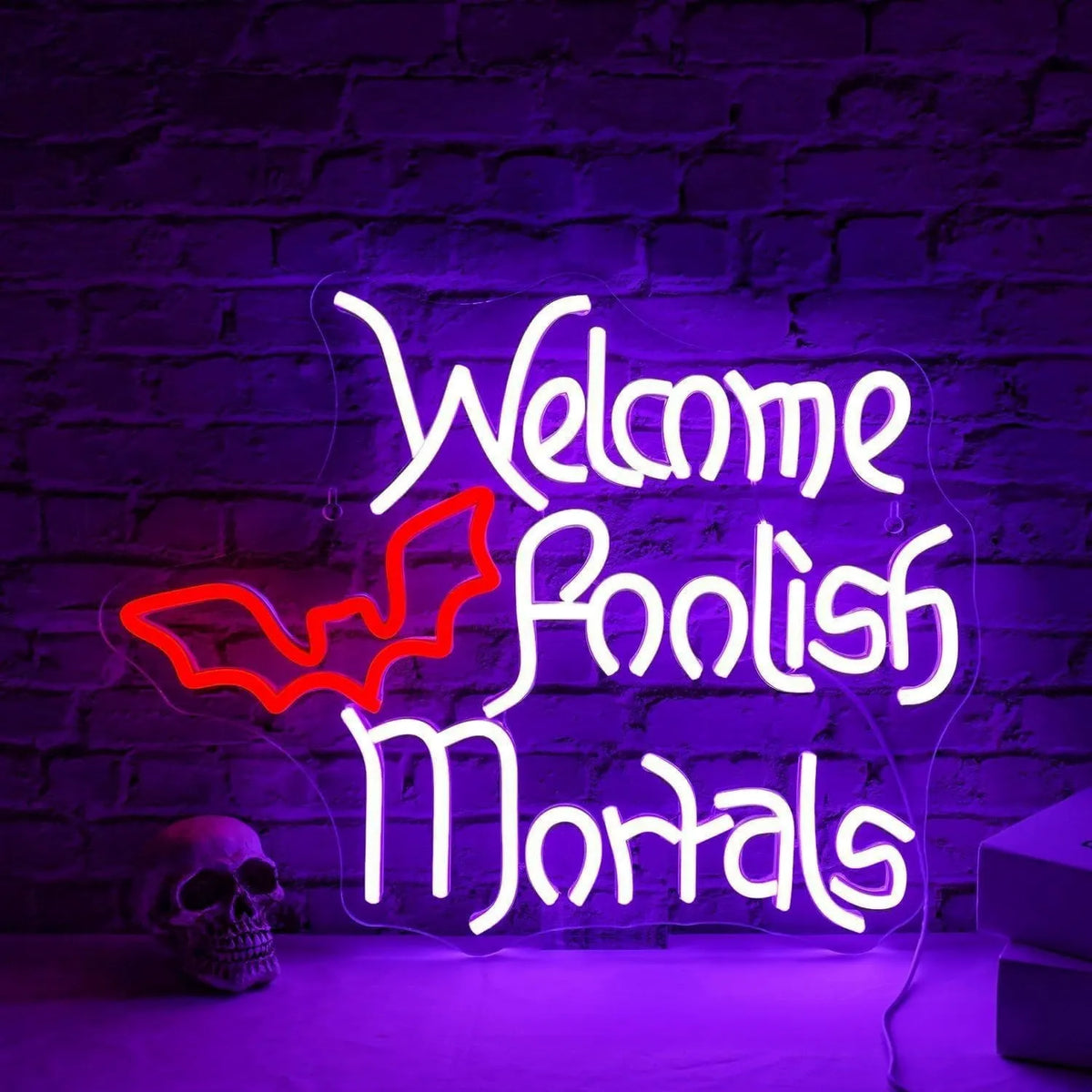 Welcome Foolish Mortals white red bat neon sign LED