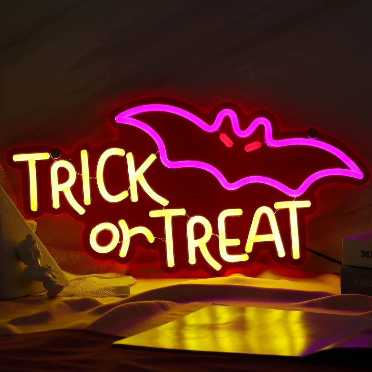 Trick or Treat bat neon sign yellow pink LED Halloween