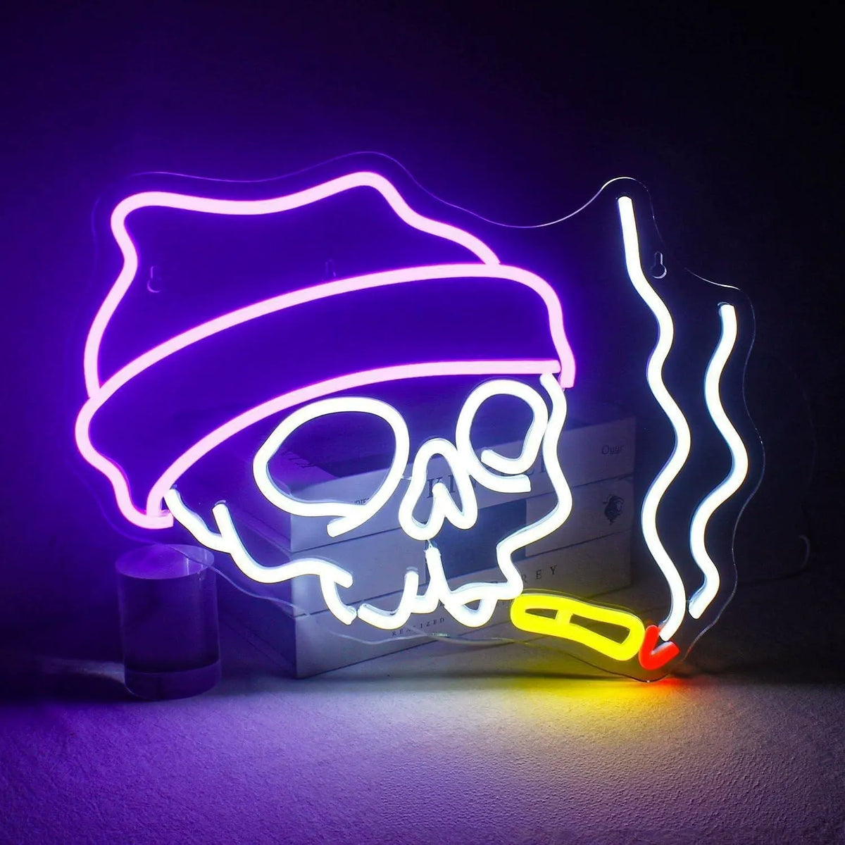Smoking skull beanie neon sign white pink yellow LED