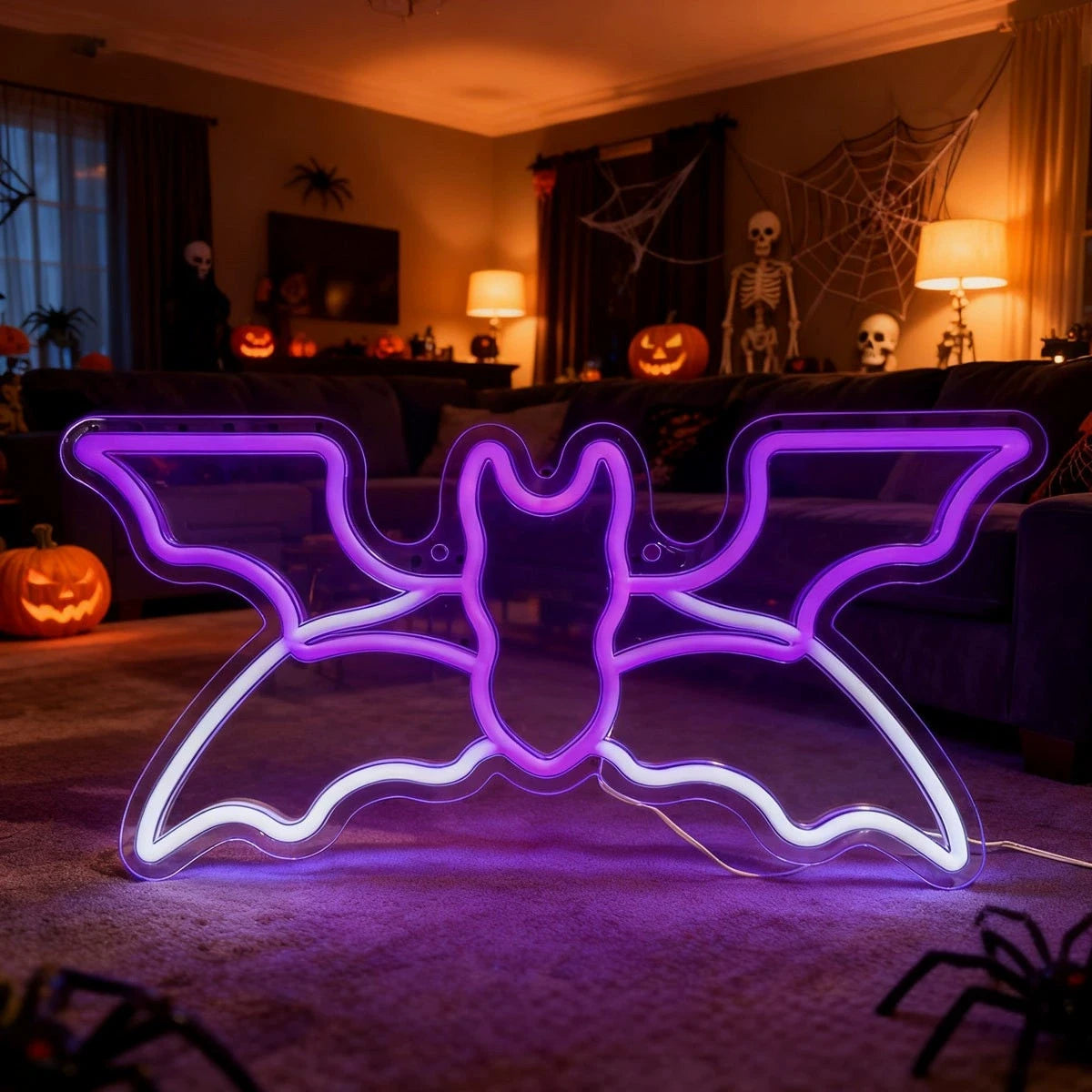 Halloween bat neon sign purple white LED wide wingspan