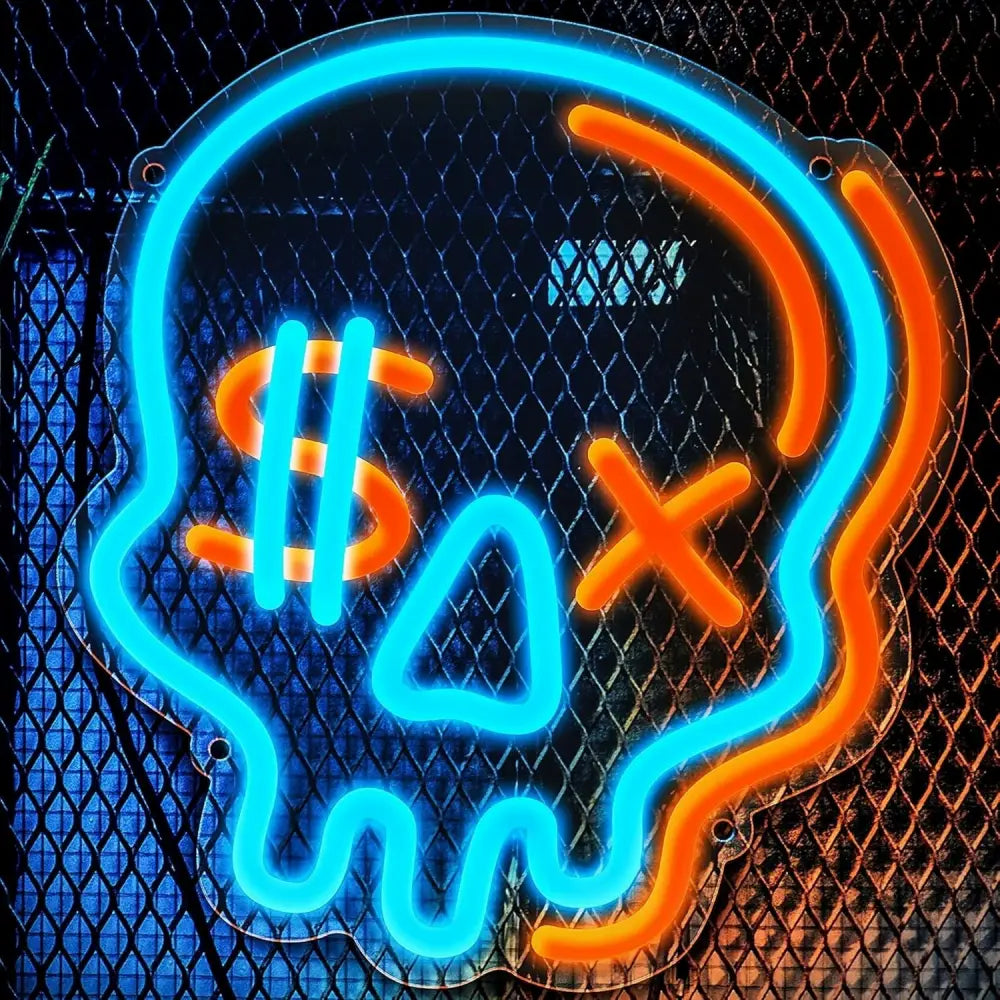 Dollar eyes skull neon sign cyan blue orange LED streetwear