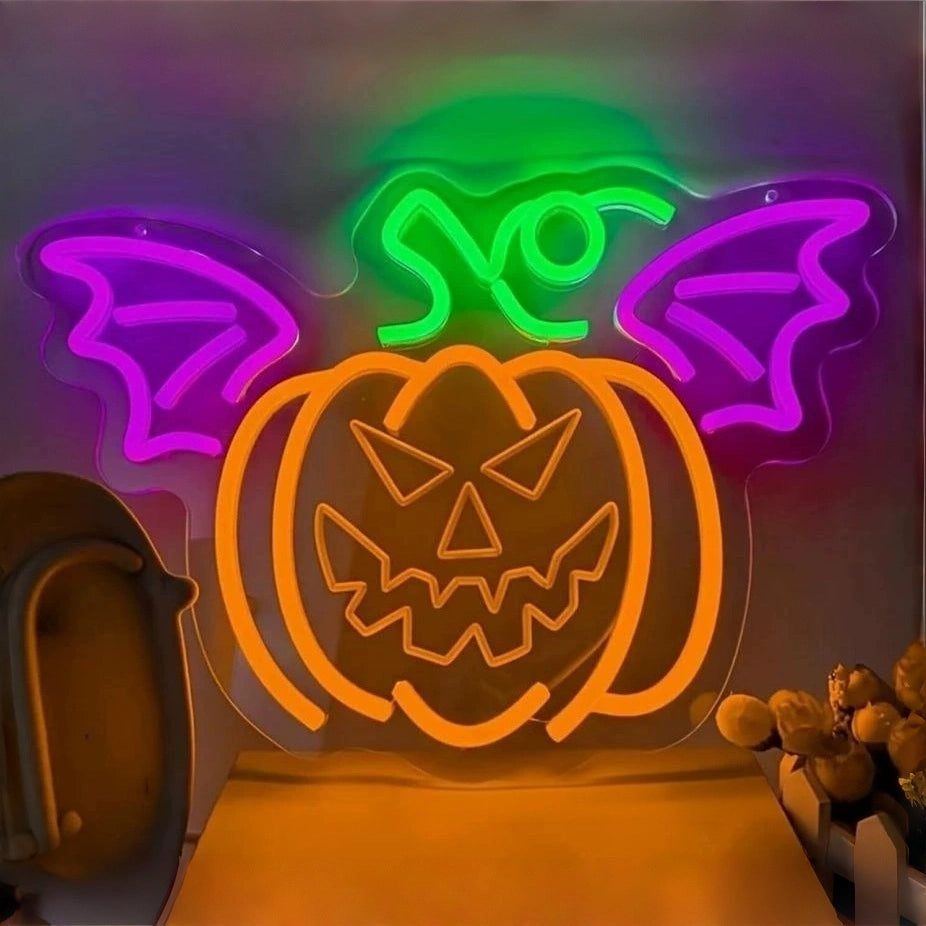 Halloween Pumpkin Bat Wings Neon Sign 40x27cm