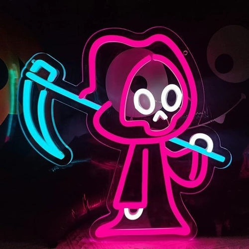 Cute grim reaper scythe neon sign pink cyan LED Halloween