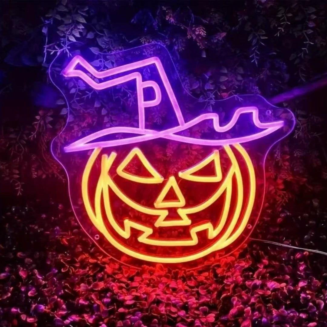 Halloween Pumpkin Witch Hat Neon Sign 40x27cm orange purple