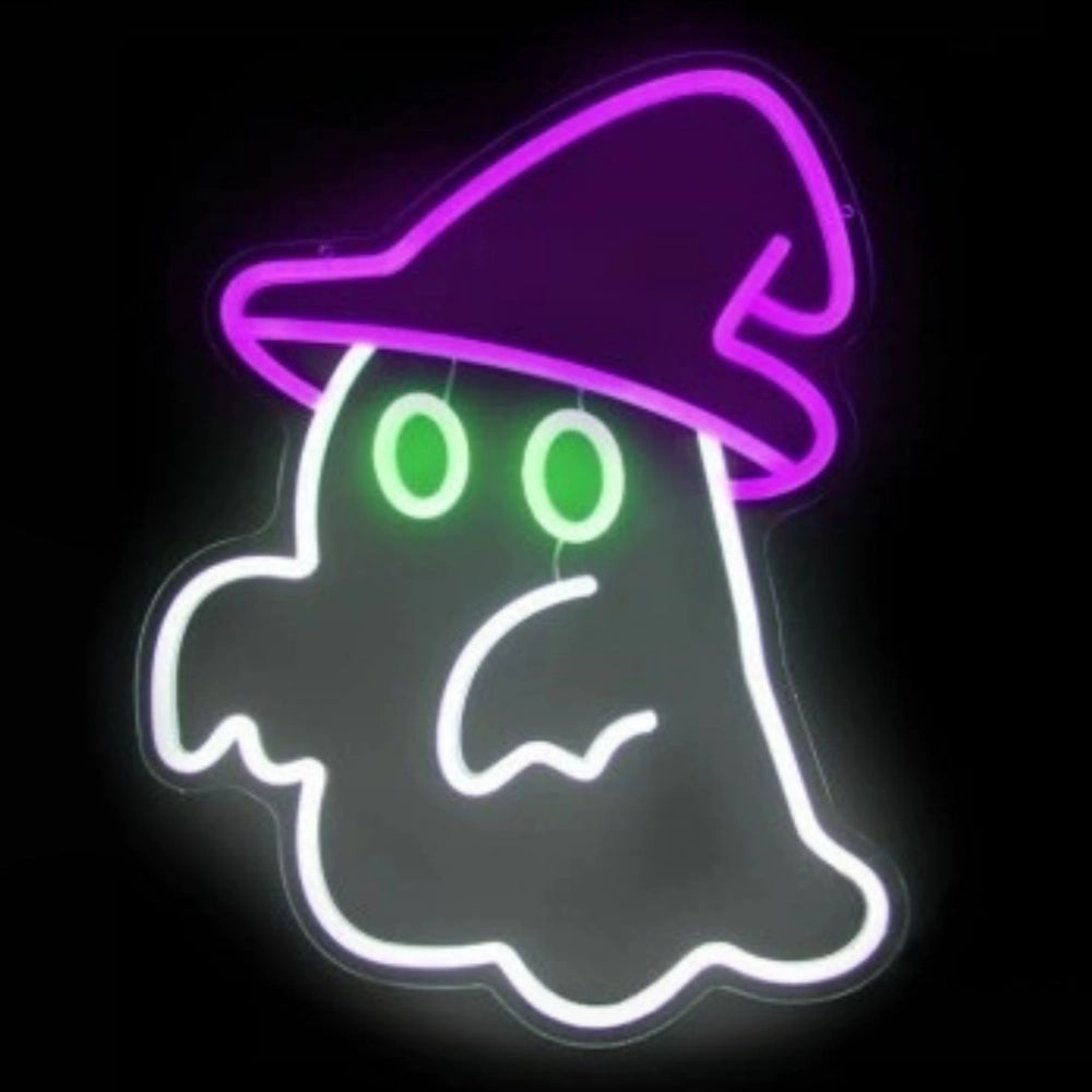 Halloween ghost witch hat neon sign white purple green LED