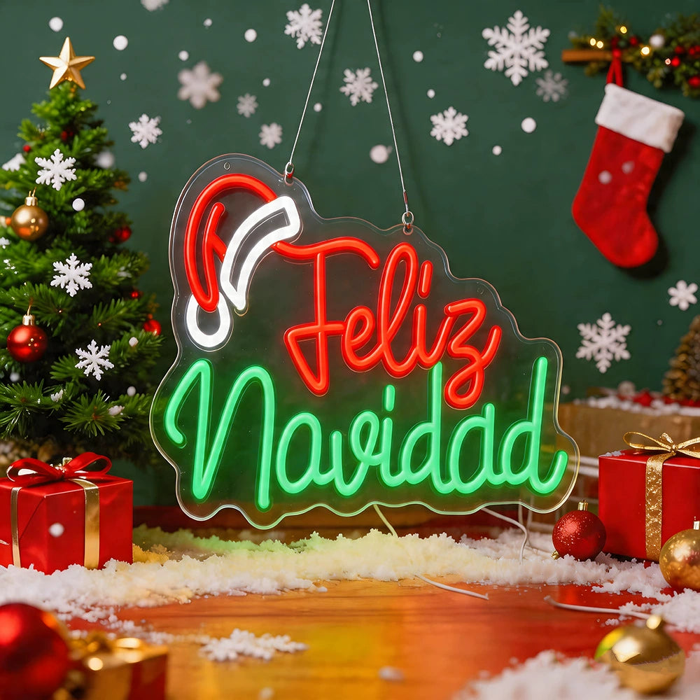 Feliz Navidad Santa Hat Script Tricolor Neon Sign 370x256mm