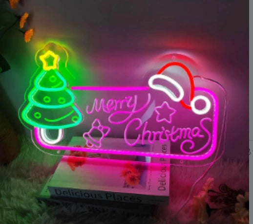 Merry Christmas Tree Hat Frame Multicolor Neon Sign 400x240mm