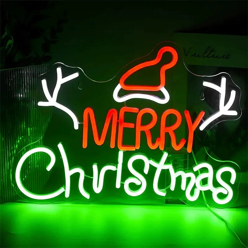 Merry Christmas Antler Santa Hat Tricolor Neon Sign 420x270mm