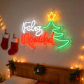 Feliz Navidad Script Pine Tree Star Tricolor Neon Sign 400x295mm