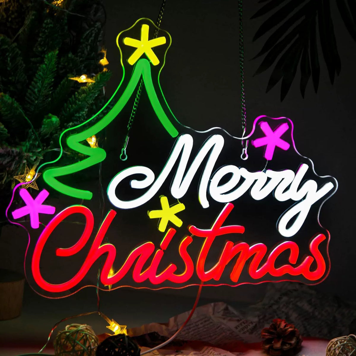 Merry Christmas Tree Multicolor Script Neon Sign 405x325mm