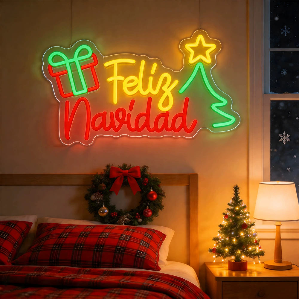 Feliz Navidad Gift Box Tree Star Multicolor Neon Sign 400x243mm