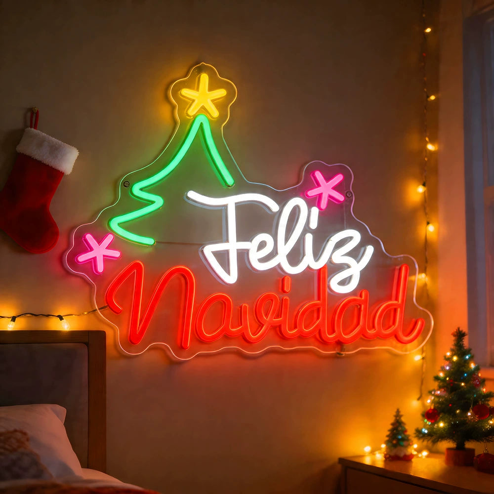 Feliz Navidad Christmas Tree Script Multicolor Neon Sign 395x310mm
