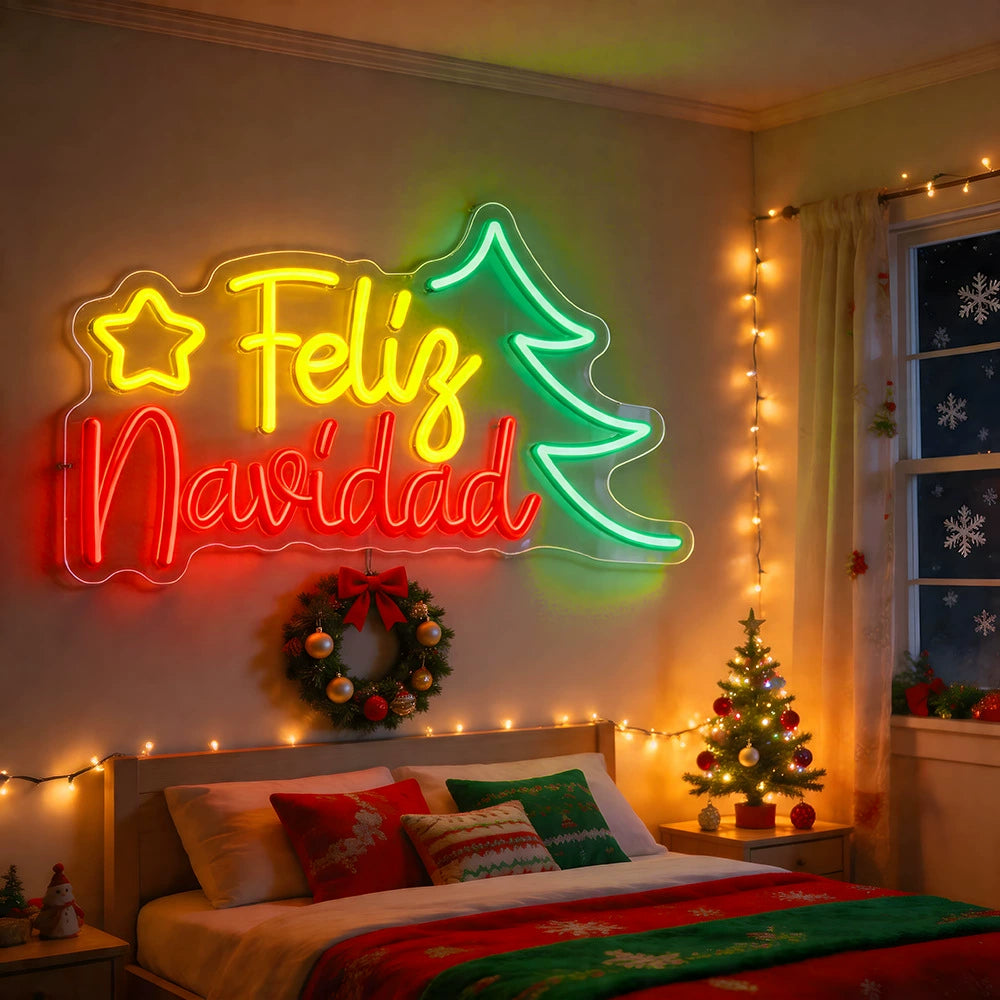Feliz Navidad Star Tree Tricolor Script Neon Sign 410x240mm