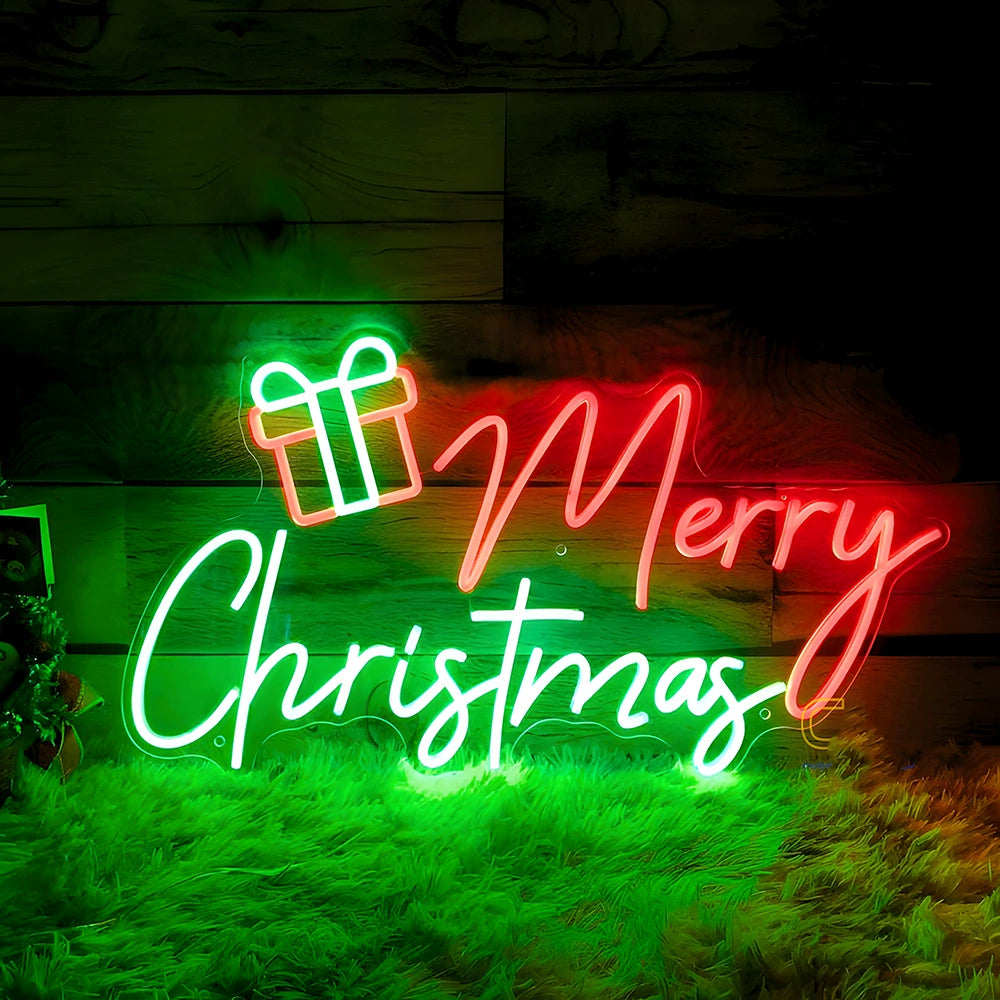 Merry Christmas Gift Box Script Tricolor Neon Sign 410x230mm
