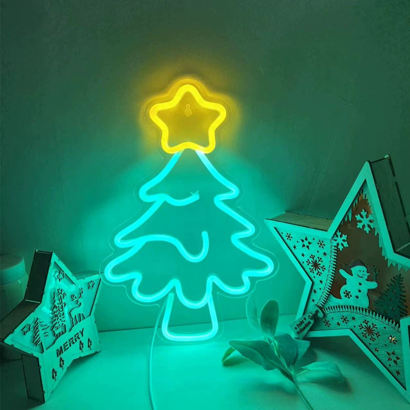 Christmas Tree Star Dual Color Cyan Yellow Neon Sign 350x230mm
