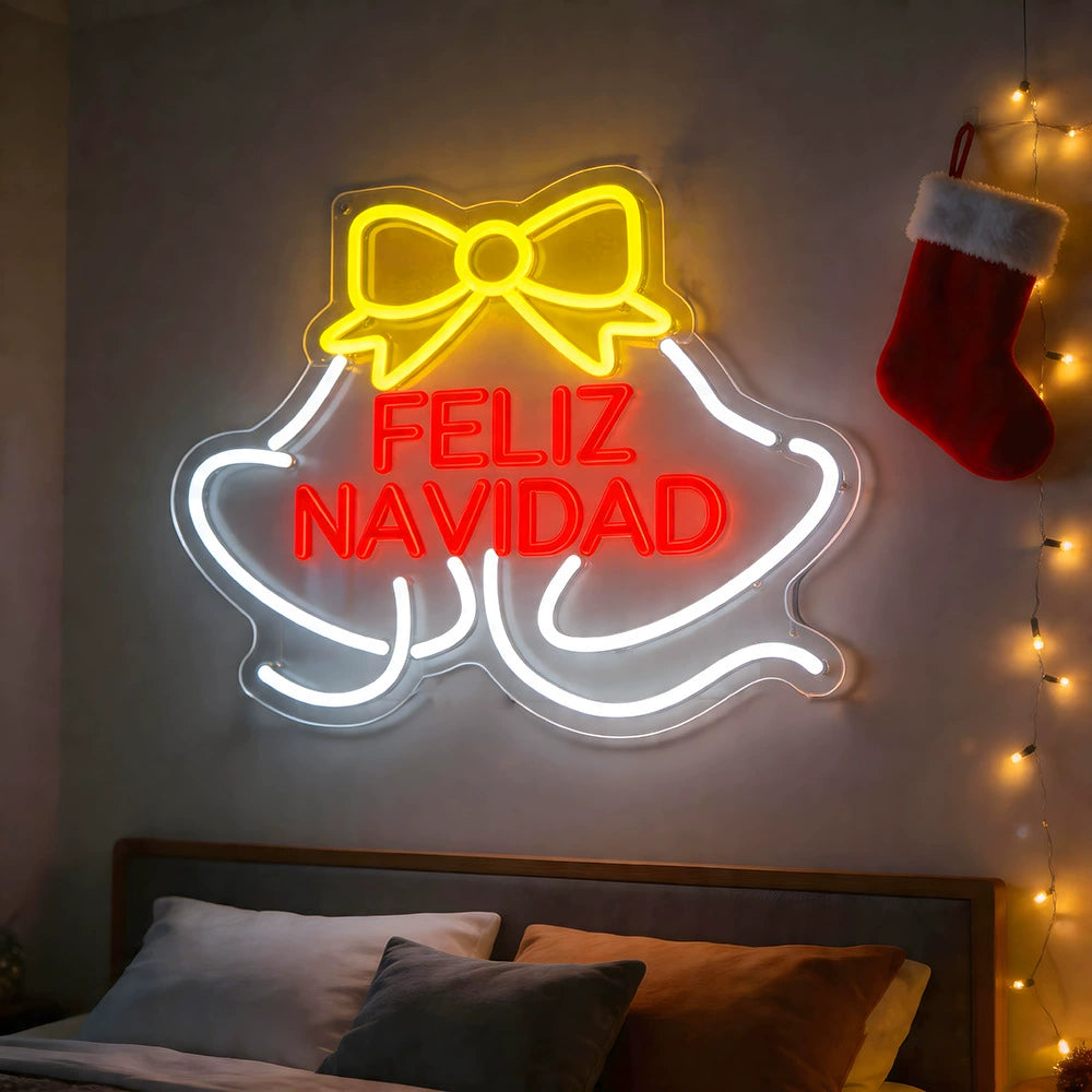 Feliz Navidad Jingle Bells Bow Tricolor Neon Sign 380x295mm