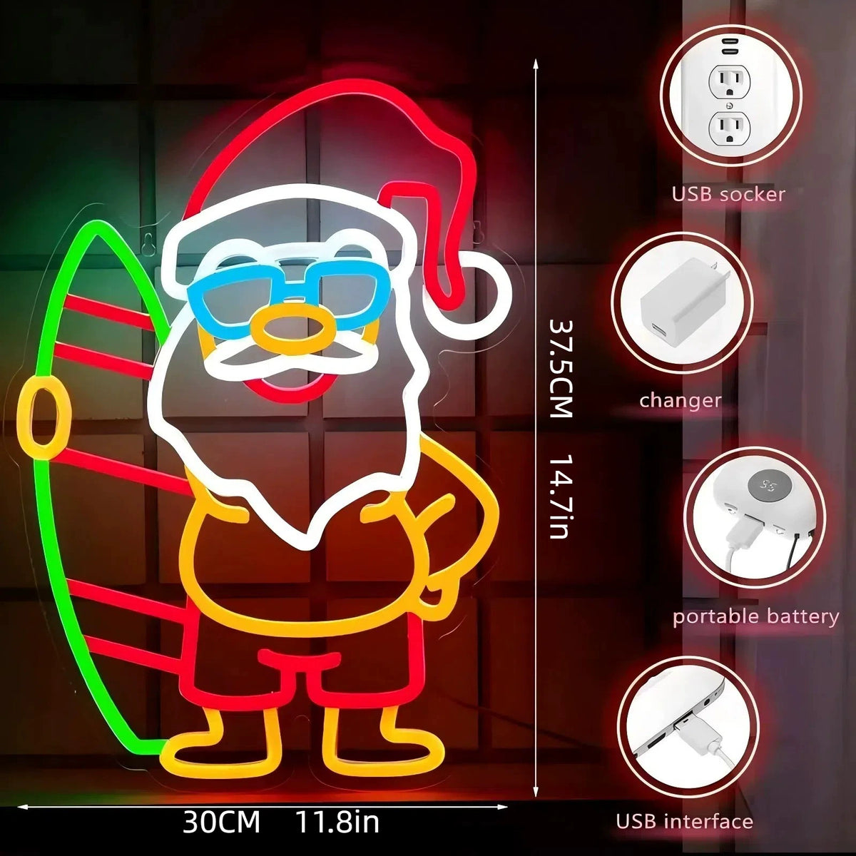 Surfing Santa Claus Multicolor Neon Sign 375x300mm