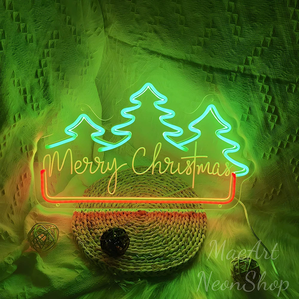 Merry Christmas Triple Pine Tree Script Tricolor Neon Sign 400x248mm