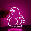 Cute ghost neon sign glowing in hot pink on clear acrylic backing