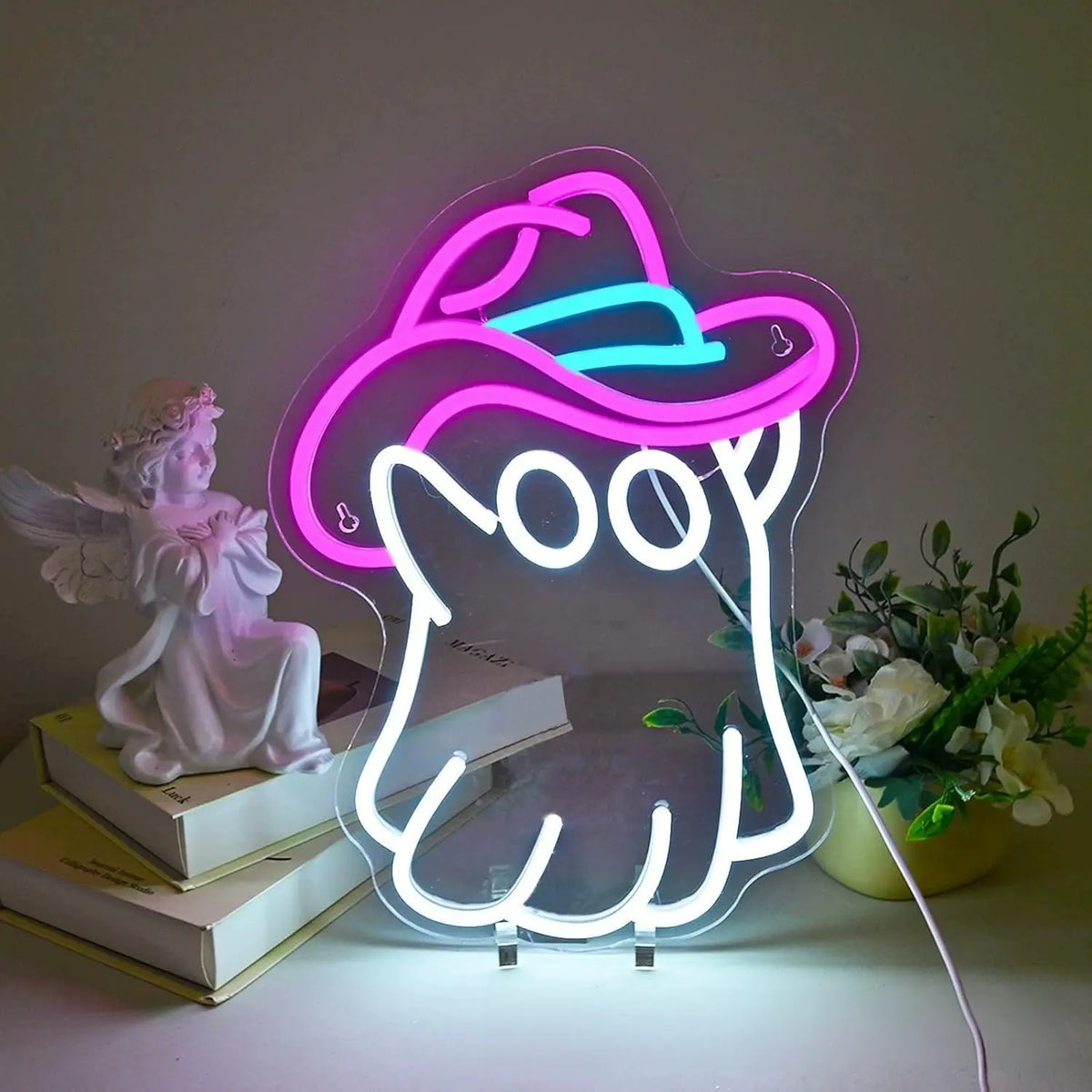 Ghost with Cowboy Hat Tricolor Neon Sign 380x320mm