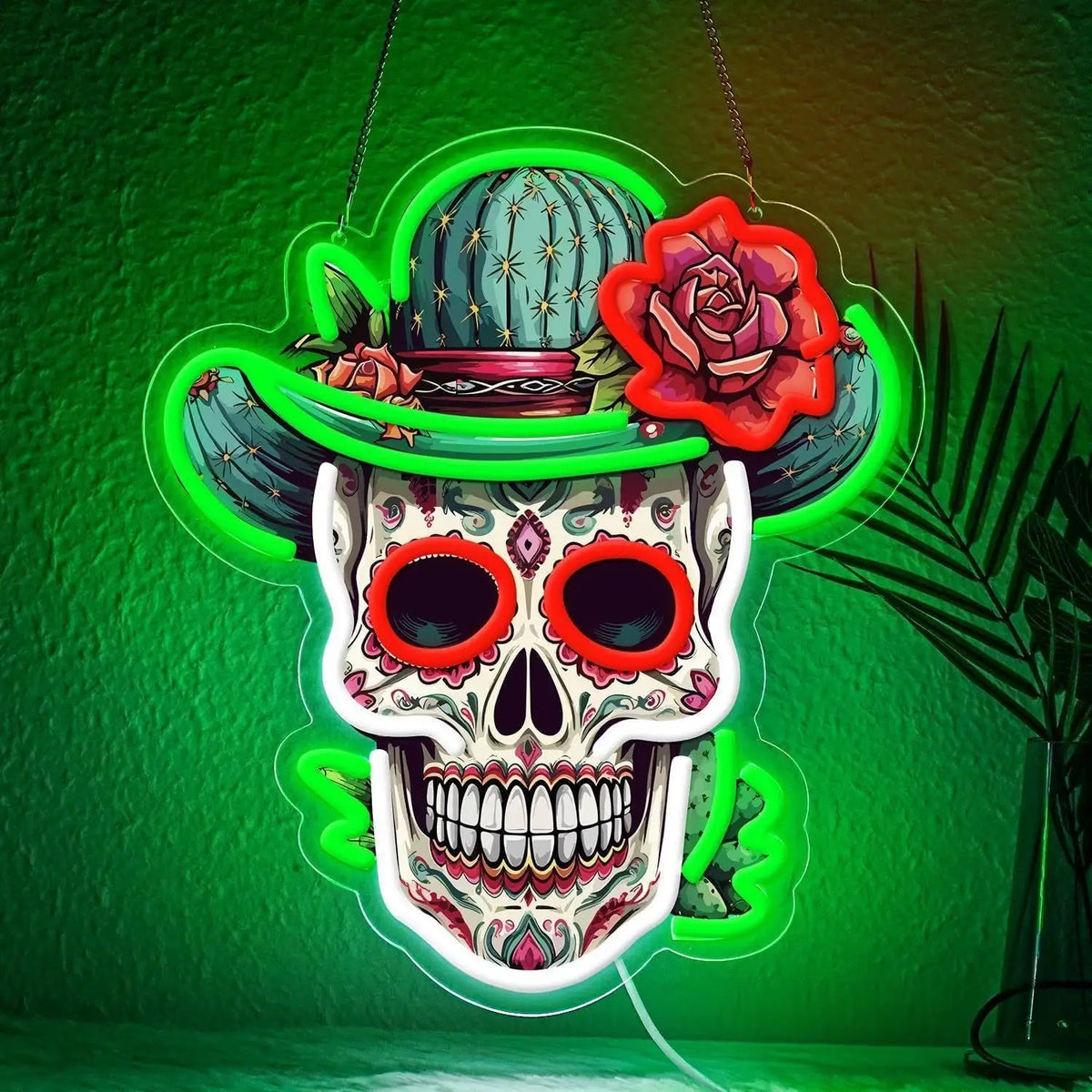 Sugar Skull with Cactus Hat Green Neon Sign 360x320mm