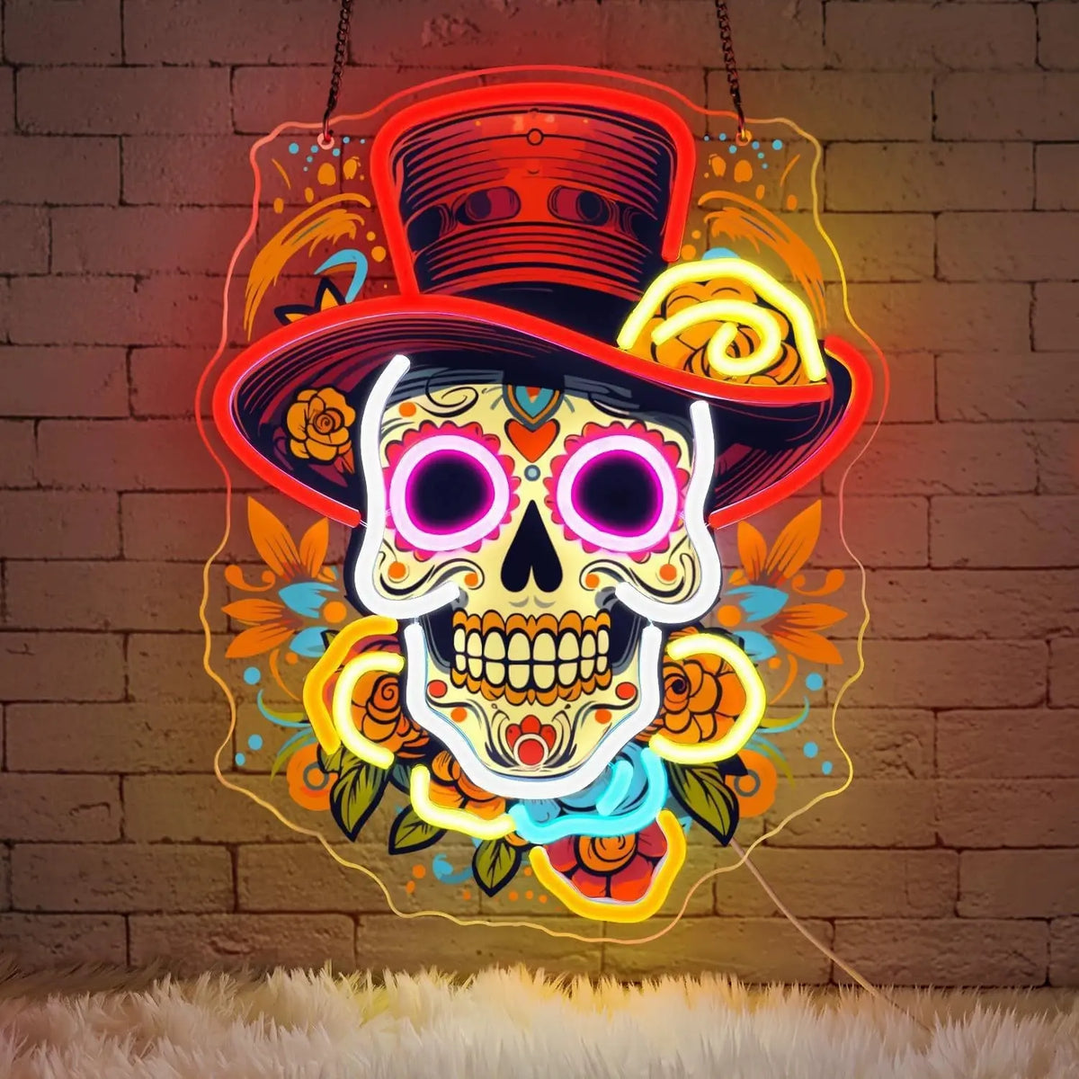 Sugar skull neon sign with multicolor LED lights on full-color printed acrylic backing