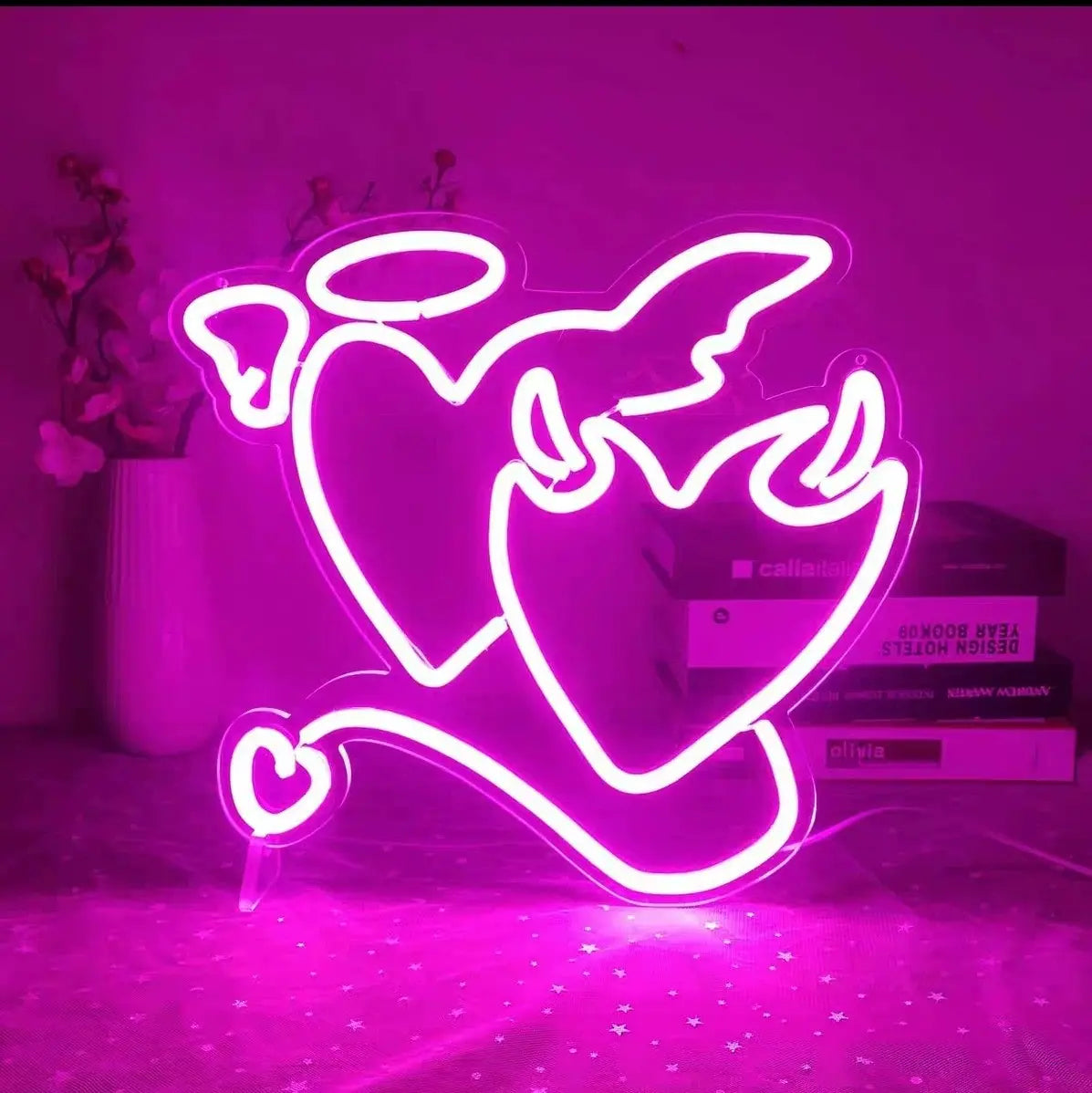 Angel Devil Heart Hot Pink Neon Sign 345x320mm
