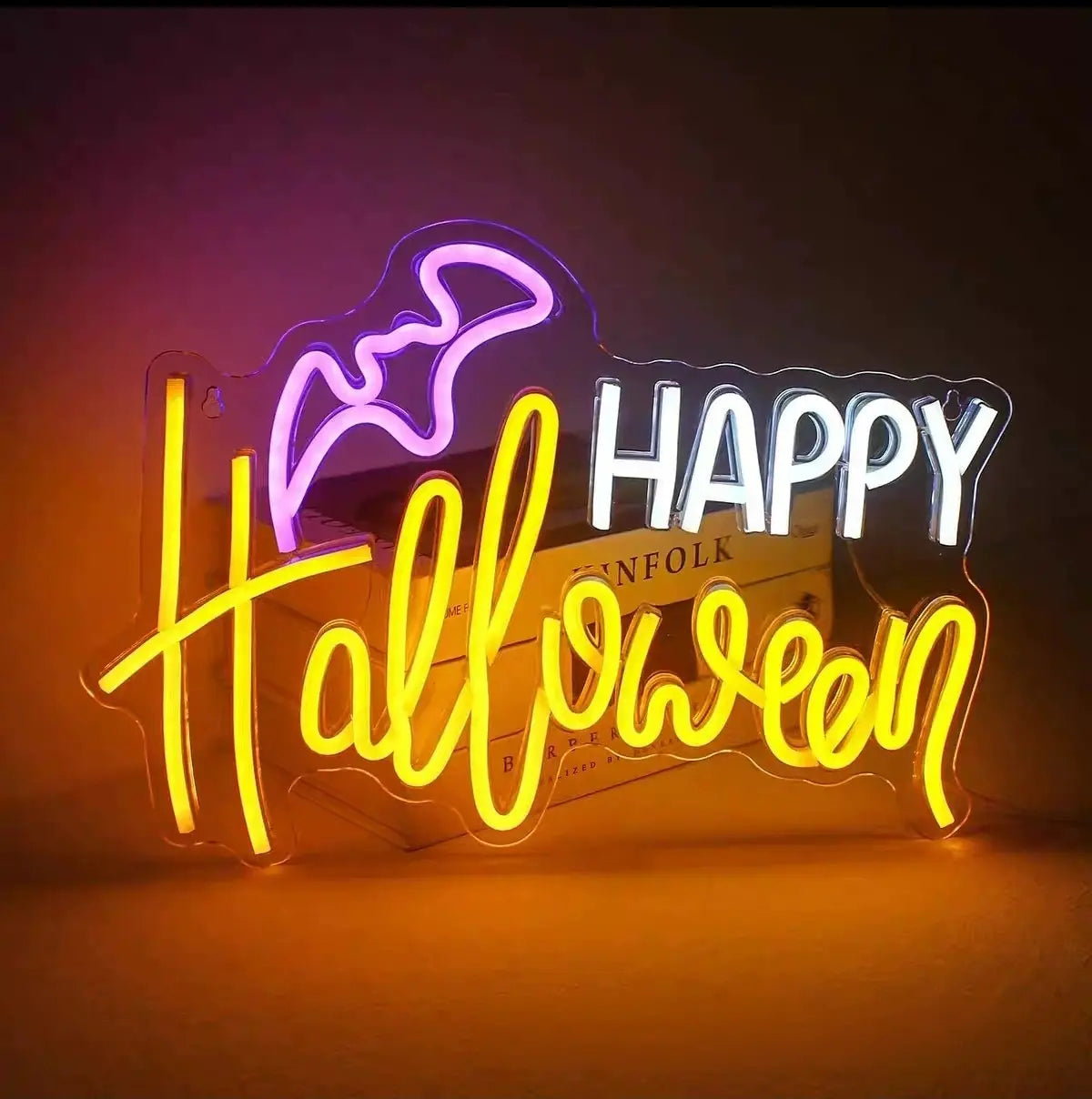Happy Halloween with Bat Tricolor Neon Sign 400x290mm