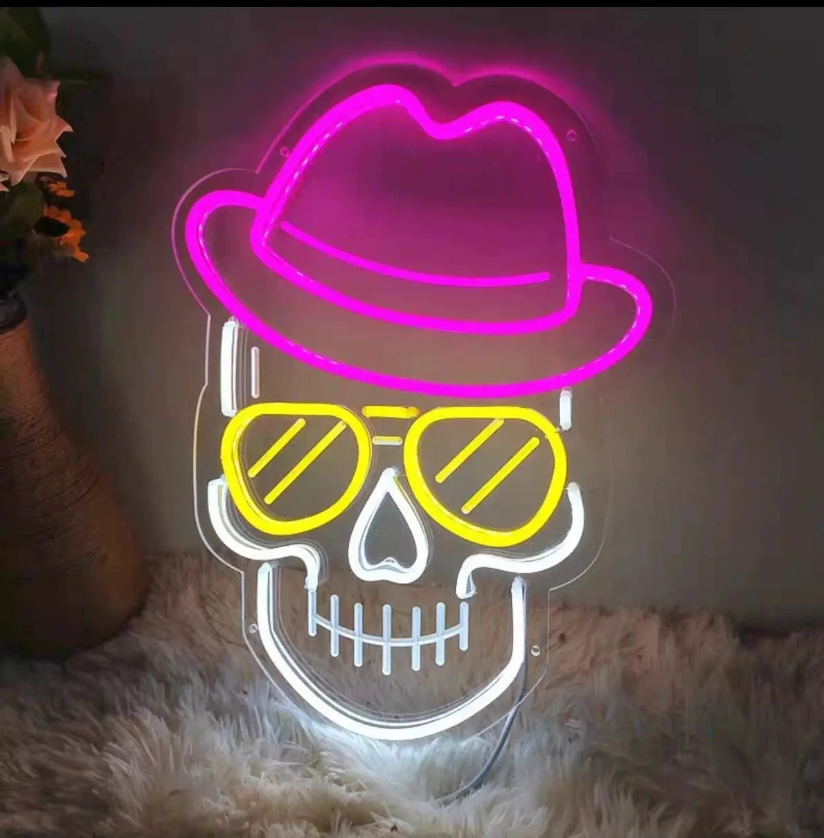 Cool Skull with Hat and Sunglasses Tricolor Neon Sign 320x240mm